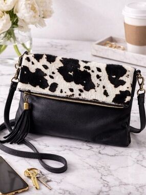 Genuine Leather Cowhide Black White Haircalf Foldover Crossbody Italy Tassel Bag
